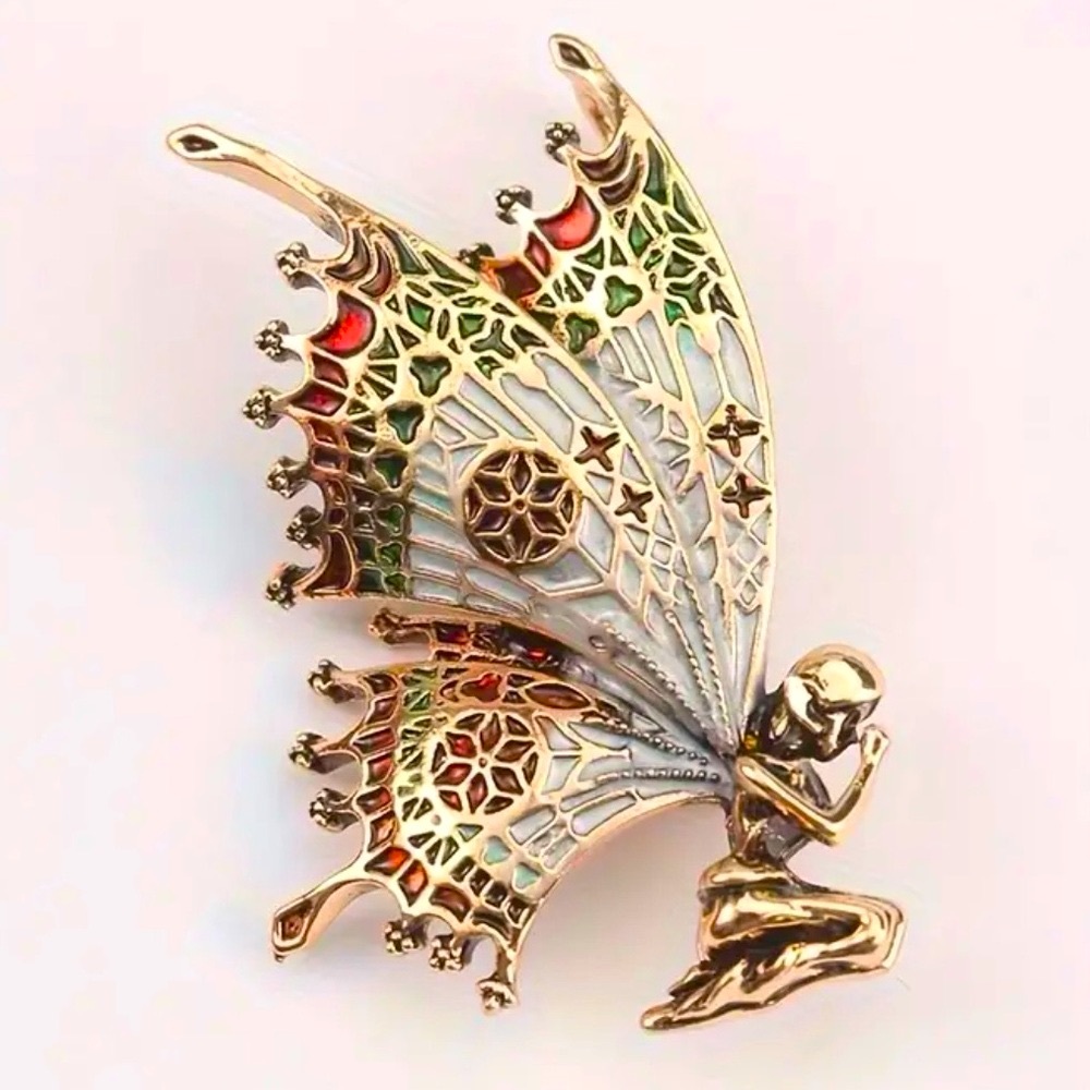 Butterfly Angel Fairy Gold, Green, Maroon, Gray, & Red Brooch Pin - Picture 5 of 7